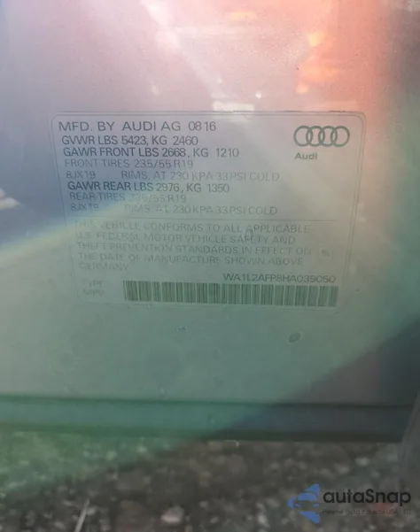 2017 Audi Q5 Premium Plus из США, поврежденный, VIN WA1L2AFP8HA039050